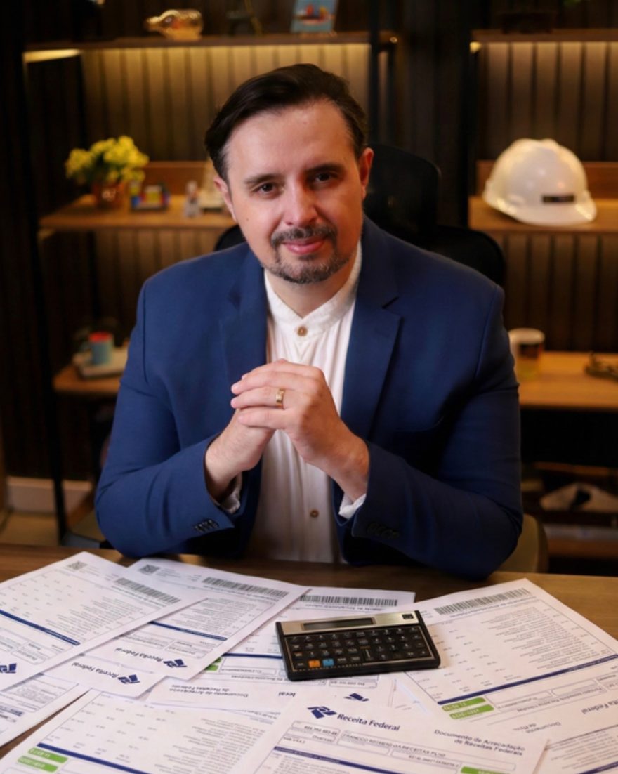 Eng. Paulo Robson à mesa com guias de recolhimento da Receita Federal e uma calculadora